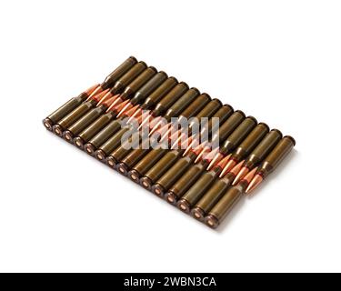 Bullets, military shells, cartridges, ammunition isolated on a white background. The concept of the army, arms sales. Military industry, war Stock Photo