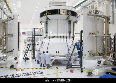 Technicians performed maintenance on the EFT-1 Orion service module in the Operations and Checkout Building at Kennedy Space Center on Dec. 24, 2013. Stock Photo