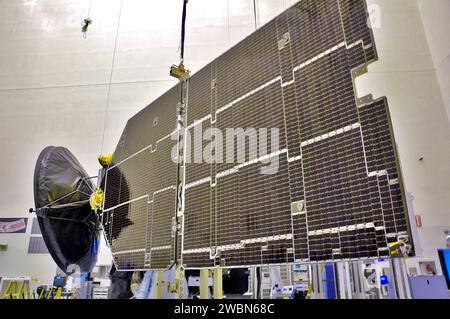 Lockheed Martin technicians deploy the MRO solar array at Kennedy’s Payload Hazardous Servicing Facility. MRO will be transported to the Vertical Installation Facility and integrated with the Atlas V for final launch preparations, supporting global and regional Mars mapping and observations. Stock Photo