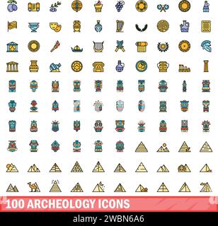 100 archeology icons set. Color line set of archeology vector icons thin line color flat on white Stock Vector
