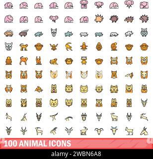 100 animal icons set. Color line set of animal vector icons thin line color flat on white Stock Vector