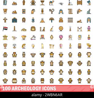 100 archeology icons set. Color line set of archeology vector icons thin line color flat on white Stock Vector