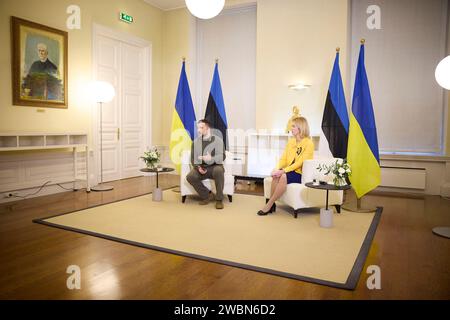 Tallinn, Estonia. 11th Jan, 2024. Ukrainian President Volodymyr Zelenskyy, left, listens to Estonian Prime Minister Kaja Kallas, right, during a bilateral meeting, January 11, 2024 in Tallinn, Estonia. Credit: Ukraine Presidency/Ukrainian Presidential Press Office/Alamy Live News Stock Photo