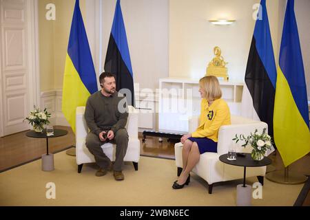 Tallinn, Estonia. 11th Jan, 2024. Ukrainian President Volodymyr Zelenskyy, left, listens to Estonian Prime Minister Kaja Kallas, right, during a bilateral meeting, January 11, 2024 in Tallinn, Estonia. Credit: Ukraine Presidency/Ukrainian Presidential Press Office/Alamy Live News Stock Photo