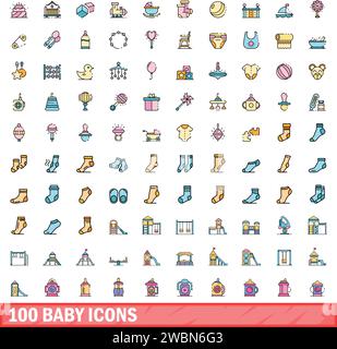 100 baby icons set. Color line set of baby vector icons thin line color flat on white Stock Vector