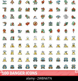100 danger icons set. Color line set of danger vector icons thin line color flat on white Stock Vector