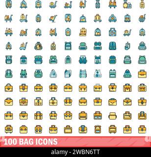 100 bag icons set. Color line set of bag vector icons thin line color flat on white Stock Vector