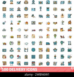 100 delivery icons set. Color line set of delivery vector icons thin line color flat on white Stock Vector
