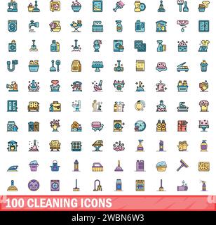 100 cleaning icons set. Color line set of cleaning vector icons thin line color flat on white Stock Vector