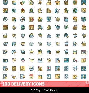 100 delivery icons set. Color line set of delivery vector icons thin line color flat on white Stock Vector