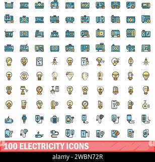 100 electricity icons set. Color line set of electricity vector icons thin line color flat on white Stock Vector
