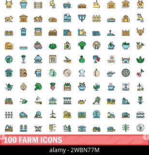 100 farm icons set. Color line set of farm vector icons thin line color flat on white Stock Vector