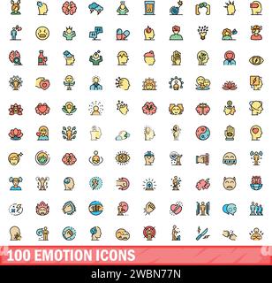 100 emotion icons set. Color line set of emotion vector icons thin line color flat on white Stock Vector