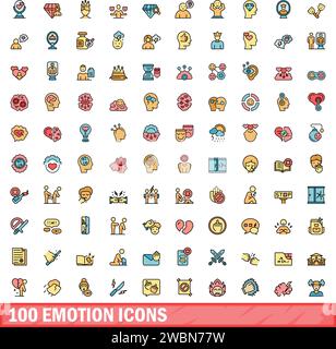 100 emotion icons set. Color line set of emotion vector icons thin line color flat on white Stock Vector