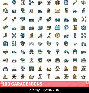 100 garage icons set. Color line set of garage vector icons thin line color flat on white Stock Vector