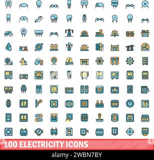 100 electricity icons set. Color line set of electricity vector icons thin line color flat on white Stock Vector