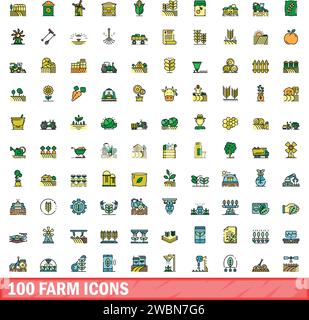 100 farm icons set. Color line set of farm vector icons thin line color flat on white Stock Vector