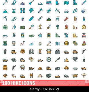 100 hike icons set. Color line set of hike vector icons thin line color flat on white Stock Vector