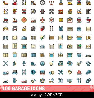 100 garage icons set. Color line set of garage vector icons thin line color flat on white Stock Vector