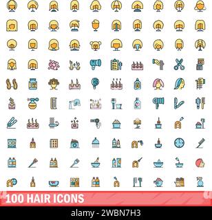 100 hair icons set. Color line set of hair vector icons thin line color flat on white Stock Vector