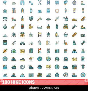100 hike icons set. Color line set of hike vector icons thin line color flat on white Stock Vector