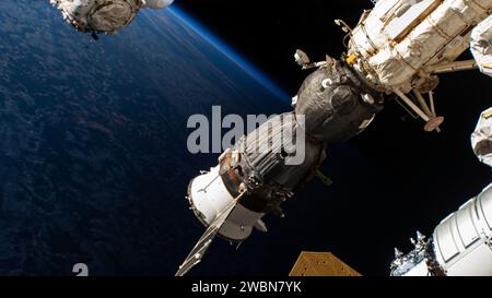 iss070e005423 (Oct. 18, 2023) --- The Soyuz MS-24 spacecraft is pictured docked to the Rassvet module as the International Space Station orbited 268 miles above the Indian Ocean just north of the French Southern and Antarctic Lands, an overseas territory of France. Stock Photo