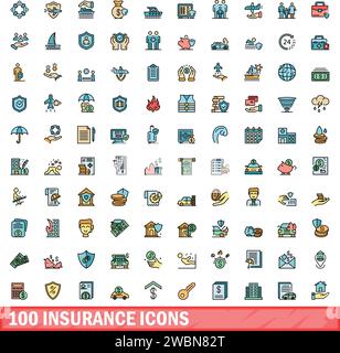 100 insurance icons set. Color line set of insurance vector icons thin line color flat on white Stock Vector