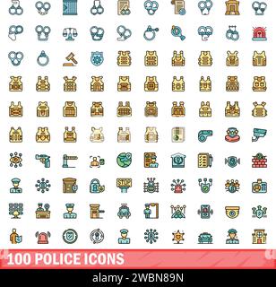 100 police icons set. Color line set of police vector icons thin line color flat on white Stock Vector