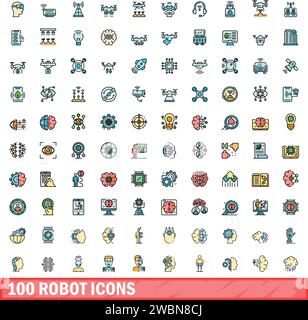 100 robot icons set. Color line set of robot vector icons thin line color flat on white Stock Vector