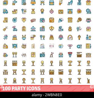 100 party icons set. Color line set of party vector icons thin line color flat on white Stock Vector