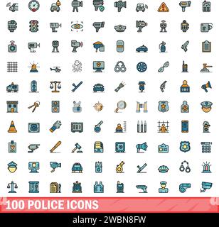 100 police icons set. Color line set of police vector icons thin line color flat on white Stock Vector