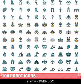 100 robot icons set. Color line set of robot vector icons thin line color flat on white Stock Vector
