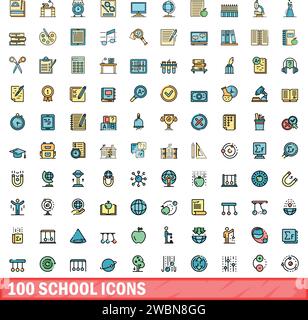 100 school icons set. Color line set of school vector icons thin line color flat on white Stock Vector
