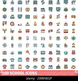 100 school icons set. Color line set of school vector icons thin line color flat on white Stock Vector