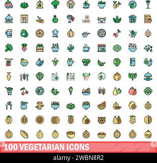 100 vegetarian icons set. Color line set of vegetarian vector icons thin line color flat on white Stock Vector