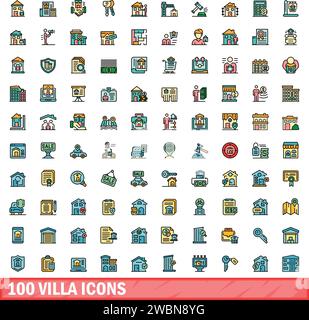 100 villa icons set. Color line set of villa vector icons thin line color flat on white Stock Vector