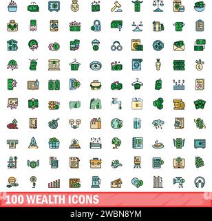 100 wealth icons set. Color line set of wealth vector icons thin line color flat on white Stock Vector