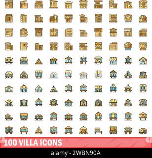 100 villa icons set. Color line set of villa vector icons thin line color flat on white Stock Vector