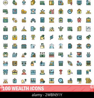 100 wealth icons set. Color line set of wealth vector icons thin line color flat on white Stock Vector