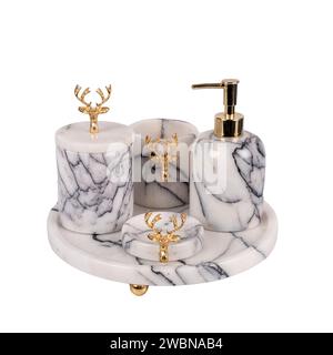 luxury marble bathroom accessories hygiene set isolated on white Stock Photo