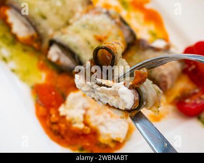 Eggplant rolls baked in gravy stuffed with soft cheeses lie on plate with pieces of fresh vegetables Stock Photo