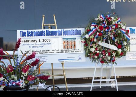 CAPE CANAVERAL, Fla. -- Kennedy Space Center Employees and guests placed wreaths and flowers at the Space Mirror Memorial at the spaceport's Visitor Complex during NASA's Day of Remembrance. The annual event took place on the 10th anniversary of the loss of the space shuttle Columbia and its crew and was hosted by the Astronauts Memorial Foundation. The ceremony also honored the astronauts of Apollo 1, who perished in 1967, and the shuttle Challenger, lost in 1986, as well as other astronauts who lost their lives while furthering the cause of exploration and discovery. Dedicated in 1991, the n Stock Photo