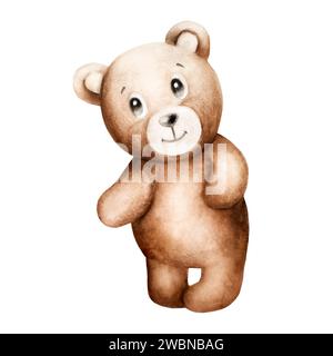 Watercolor cute cartoon teddy bear. Hand drawn baby illustration isolated on white background. Lovely toy for baby and kids new born celebration, desi Stock Photo