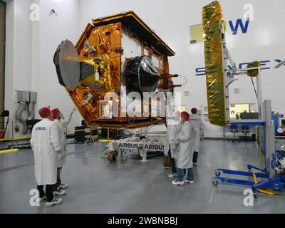 Sentinel-6 Michael Freilich team members from European Space Agency pose with the spacecraft during processing. Launch is scheduled for Nov. 11, 2020 from Vandenberg Air Force Base in California. NASA’s Launch Services Program based at Kennedy Space Center is responsible for launch management. Stock Photo