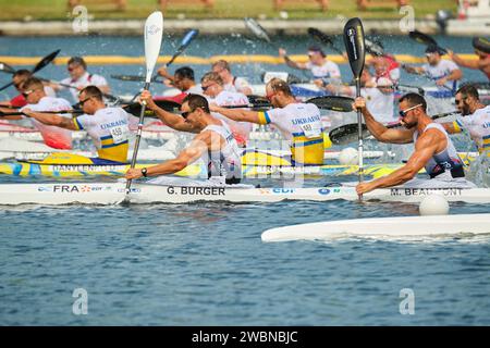 Dartmouth, Canada. August 6th, 2022. The Men K-4 Final race, with all team in competition. Gold to Spain, Silver to Germany, Bronze to Ukraine. French team in forefront would finish 6th. The 2022 ICF Canoe Sprint and Paracanoe World Championships takes place on Lake Banook in Dartmouth (Halifax). Stock Photo