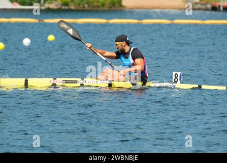 Dartmouth, Canada. August 6th, 2022. Josef Dostal  from Czech Republic winning the Men's K-1 500m race at World Championships race.   Wiggs will finish second winning Silver.    The 2022 ICF Canoe Sprint and Paracanoe World Championships takes place on Lake Banook in Dartmouth (Halifax). Stock Photo