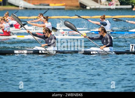 Dartmouth, Canada. August 6th, 2022.  Alicia Hoskin and Lisa Carrington from New Zealand in action in the Women K-2 500m Final World Championships race.  They would finished fourth. The 2022 ICF Canoe Sprint and Paracanoe World Championships takes place on Lake Banook in Dartmouth (Halifax). Stock Photo