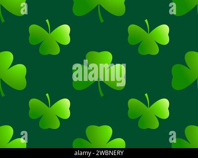 Seamless pattern with clover for Saint Patrick's Day. Four leaf and three leaf clover leaves with green gradient. Background for advertising products, Stock Vector