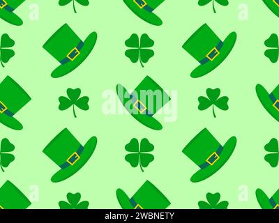 Seamless pattern with clover leaves and Leprechaun hat. Happy St. Patrick's Day. Four-leaf and three-leaf clovers are green. Background for wallpaper Stock Vector