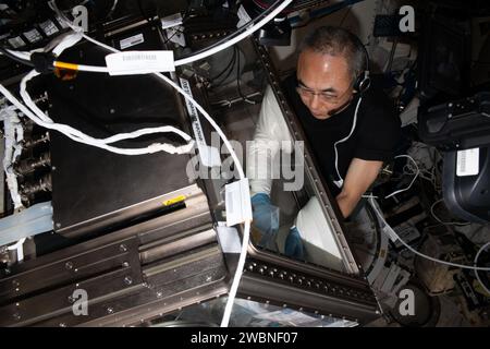 JAXA astronaut and Expedition 70 Flight Engineer Satoshi Furukawa uses the Kibo module Life Science Glovebox aboard the ISS to extract DNA samples for the uTitan investigation. The demonstration explores automated nucleic acid extraction in microgravity and informs sample processing and sequencing methods. Stock Photo